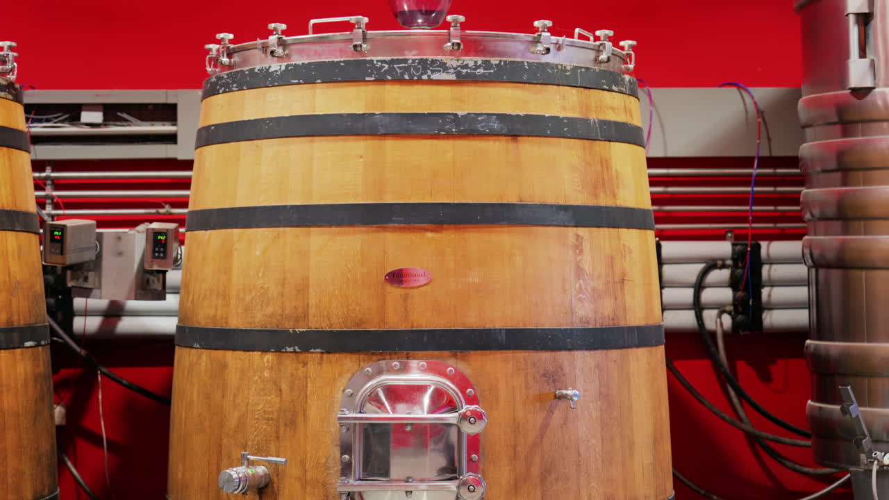 Nice, France - May 17, 2025: Wooden wine barrel at the Chateau de Cremat winery