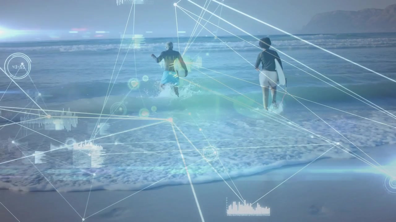 2 surfers stepping into shallow water wading while HUD tech tracking surfboards, preparing to surf
