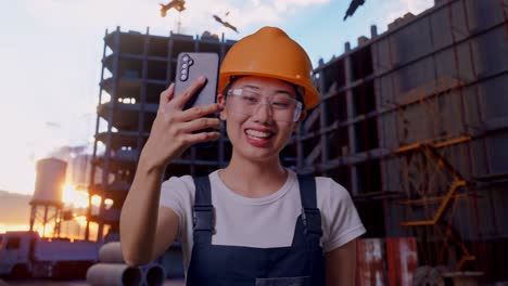 Close Up Of Asian Woman Worker Wearing Goggles And Safety Helmet Waving Hand Having A Video Call On Smartphone While Standing At Construction Site