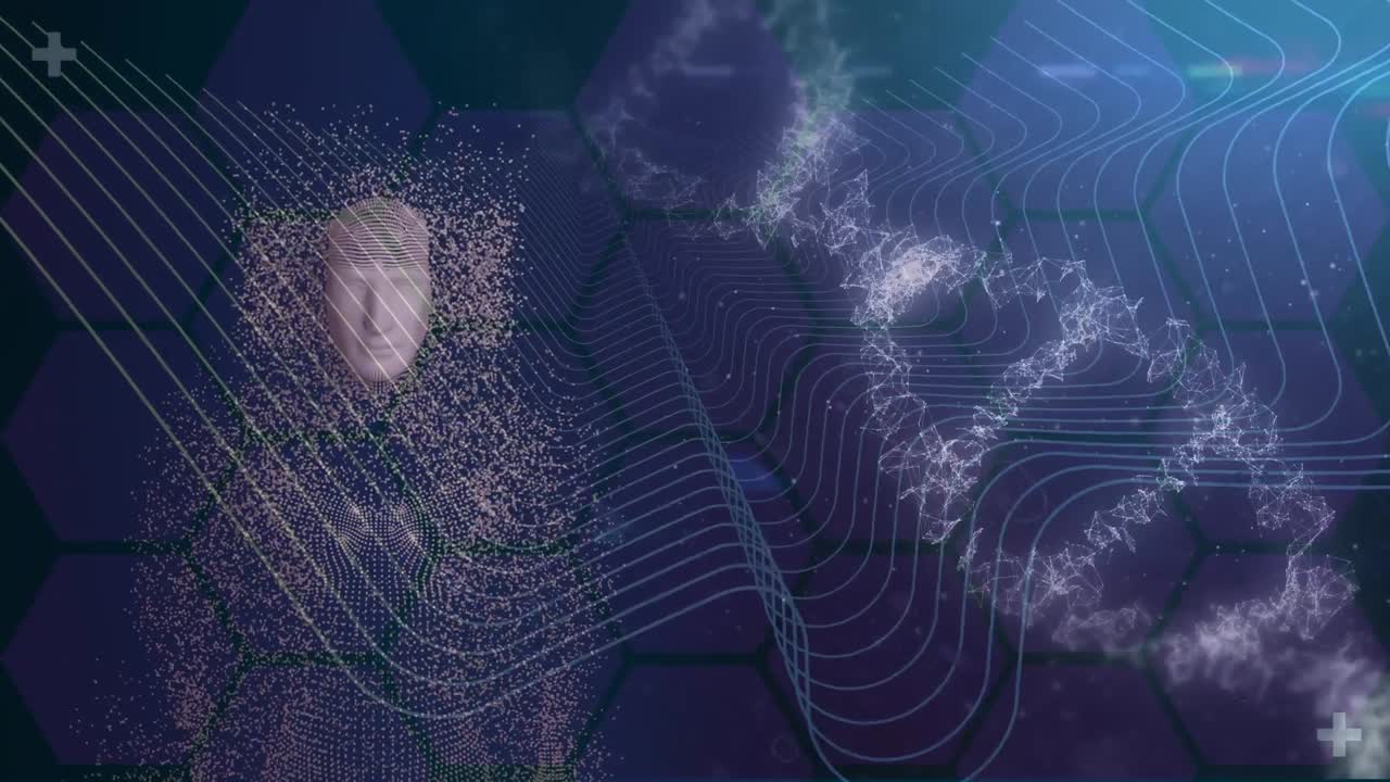 Animation digital human body with dna helix, wave pattern and hexagons over lens flares