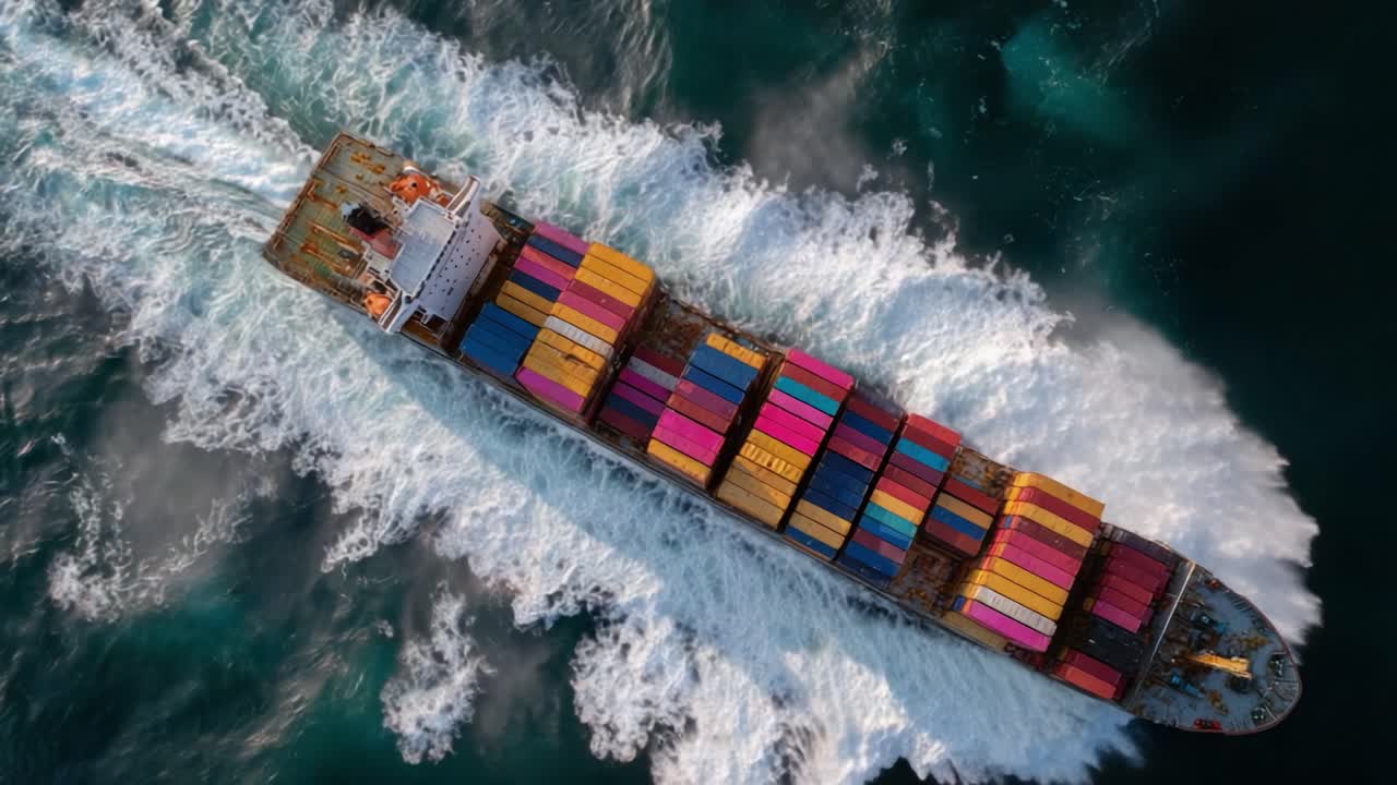 Aerial View of a Colorful Container Ship Navigating Through Vibrant Ocean Waves, Capturing the Dynamic Movement and Shipping Activity on Water