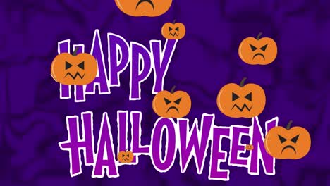 Animación-De-Jack-O-Linternas-Moviéndose-Sobre-Feliz-Halloween-Y-Murciélagos-Sobre-Fondo-Morado