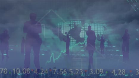 animation of financial data, world map with multiracial business people on digital interface