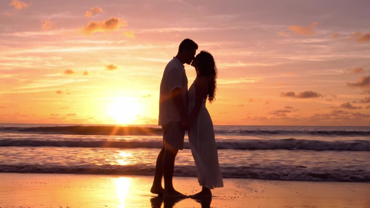 Un Incontro Romantico sulla Spiaggia al Tramonto: Coppie Abbracciano Amore e Connessione Mentre il Sole Tramonta sull'Oceano, Creando un'Atmosfera da Sogno