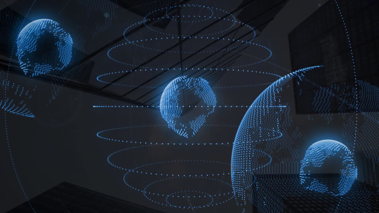 анимация движущихся точек и глобусов над ландшафтом