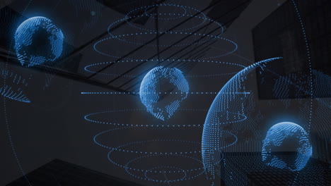 animation of moving spots and globes over landscape