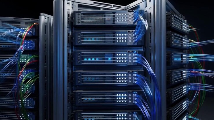 Modern Server Room with Rows of Network Racks and Glowing Cables