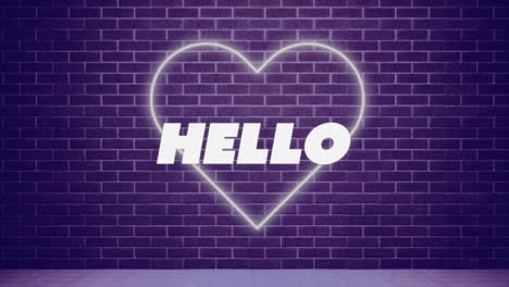animación de un colorido banner de texto de saludo sobre el icono de corazón de neón contra el fondo de la pared de ladrillo