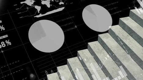 animation of financial data processing and statistic recording over steps on black background