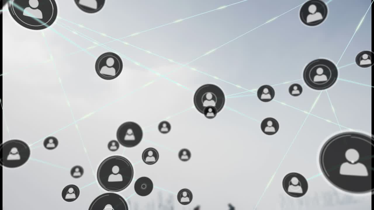 Animation of network of profile icons against grey sky