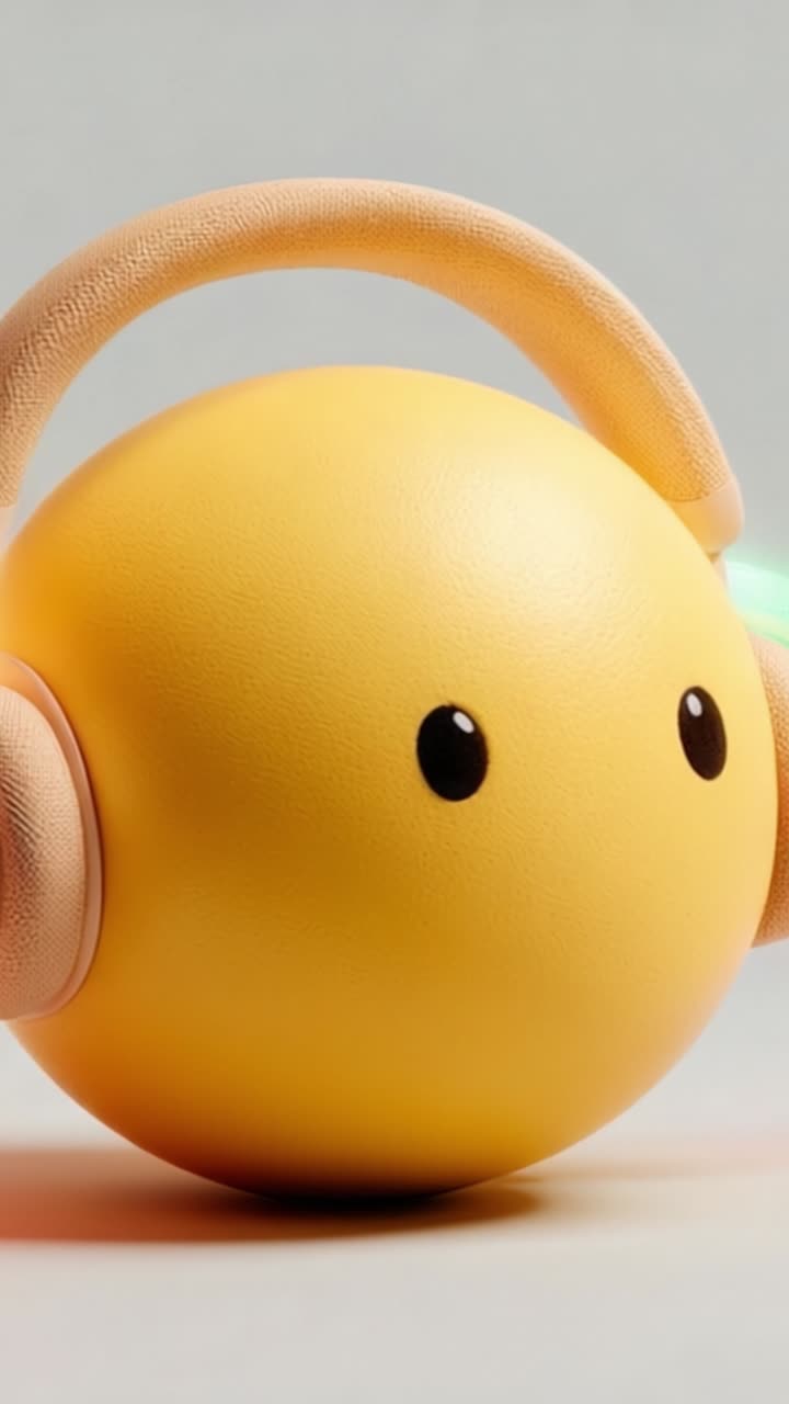 Personaggio sferico giallo giocoso con cuffie, accompagnato da una luce soffusa, che esprime gioia e relax attraverso l'esperienza di ascolto musicale