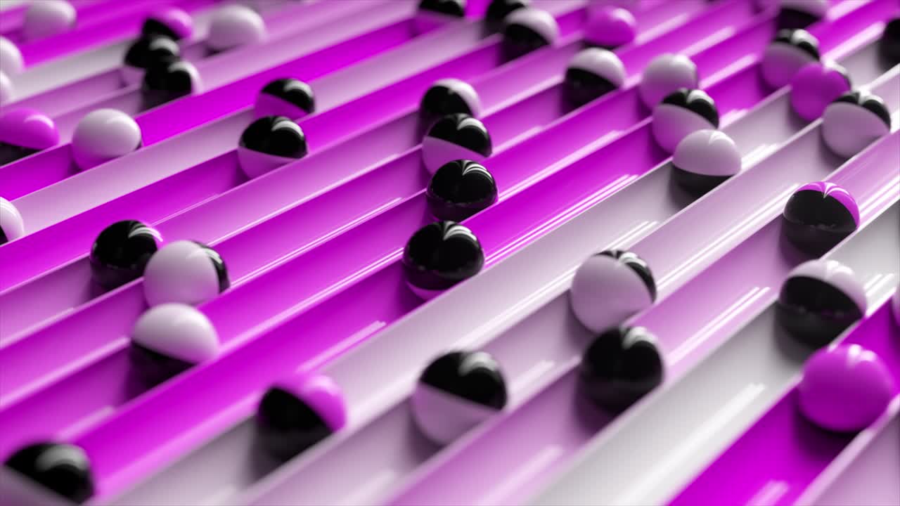 Bright colorful background with rolling balls along the paths. Minimalism and fashion concept. 3d animation of a seamless loop
