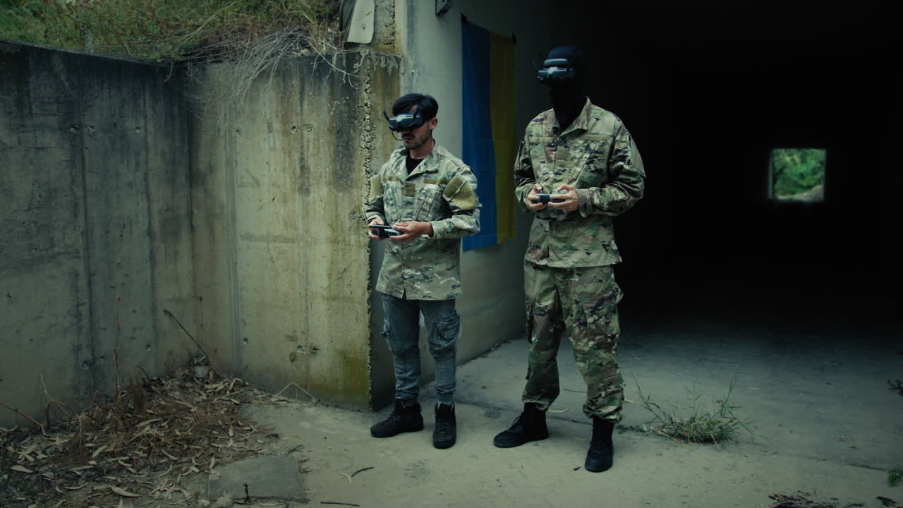 Military Drone Pilots Lower Their Goggles Near a Bunker to Bomb the Target