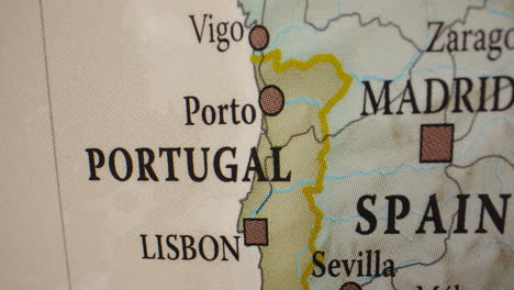 close-up view of a map showing portugal and spain