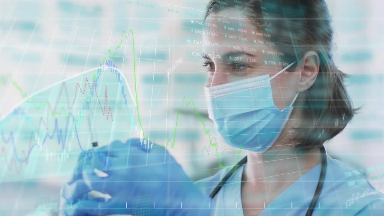 Healthcare worker analyzing test tube in lab, with floating finance and medical charts