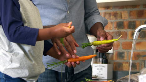 Hijo-Ayudando-A-Padre-A-Preparar-Verduras-Para-La-Comida-En-La-Cocina