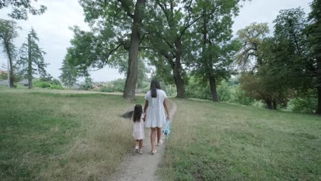 a pregnant woman and her young daughter, both dressed in white, walk hand-in-hand through a grassy park. the scene captures a serene moment of family bonding in nature, surrounded by trees.