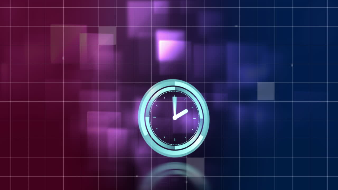 animación de reloj moviéndose en espacio digital púrpura y marino con cuadrados