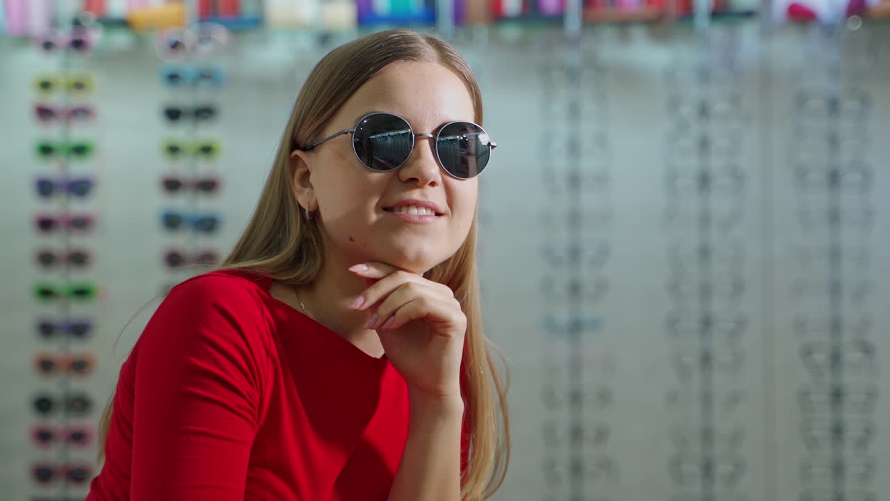 Beautiful girl in trendy sunglasses. Smiling young woman tries on new black glasses on the blurred background of an optical shop.