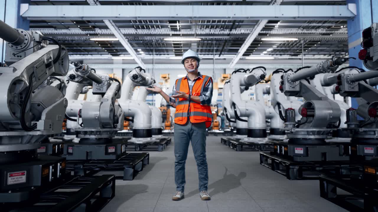 Factory worker standing in front of industrial robots