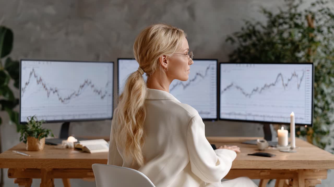 Focused Analyst Observing Multiple Financial Charts on Multiple Screens, Analyzing Data and Trends in a Modern Workspace Environment