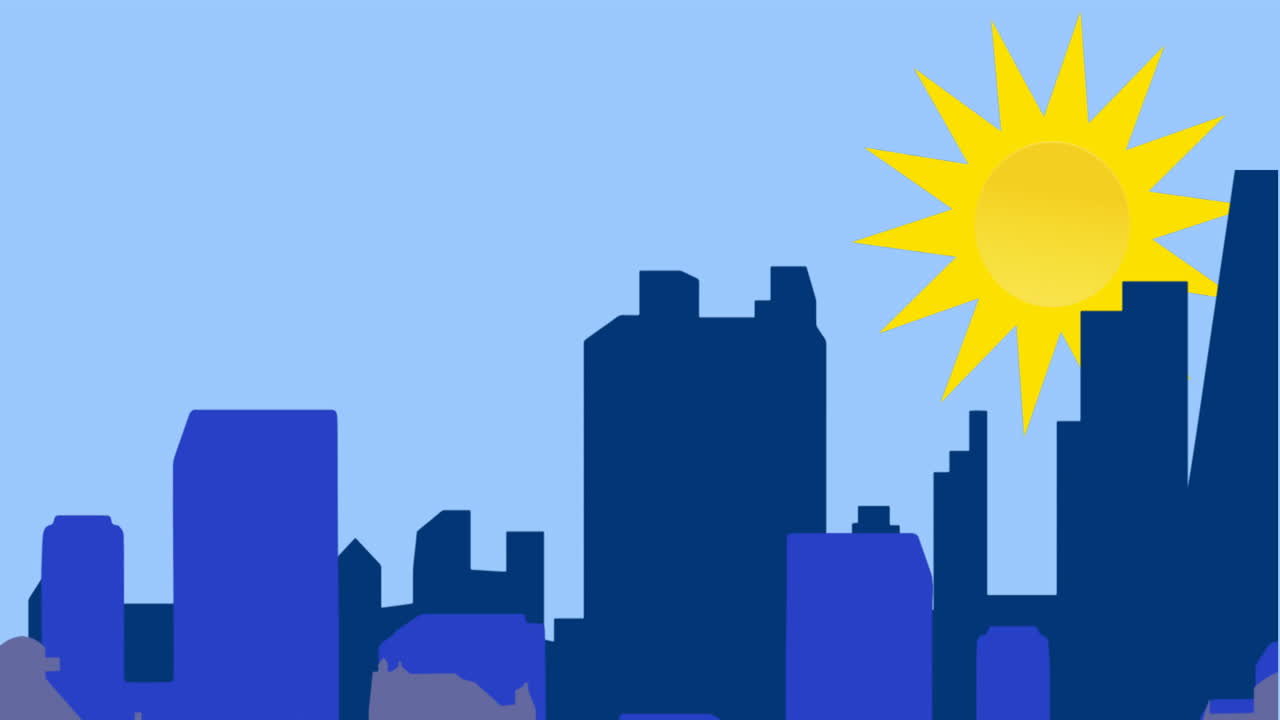 Animazione di città e sole su sfondo blu