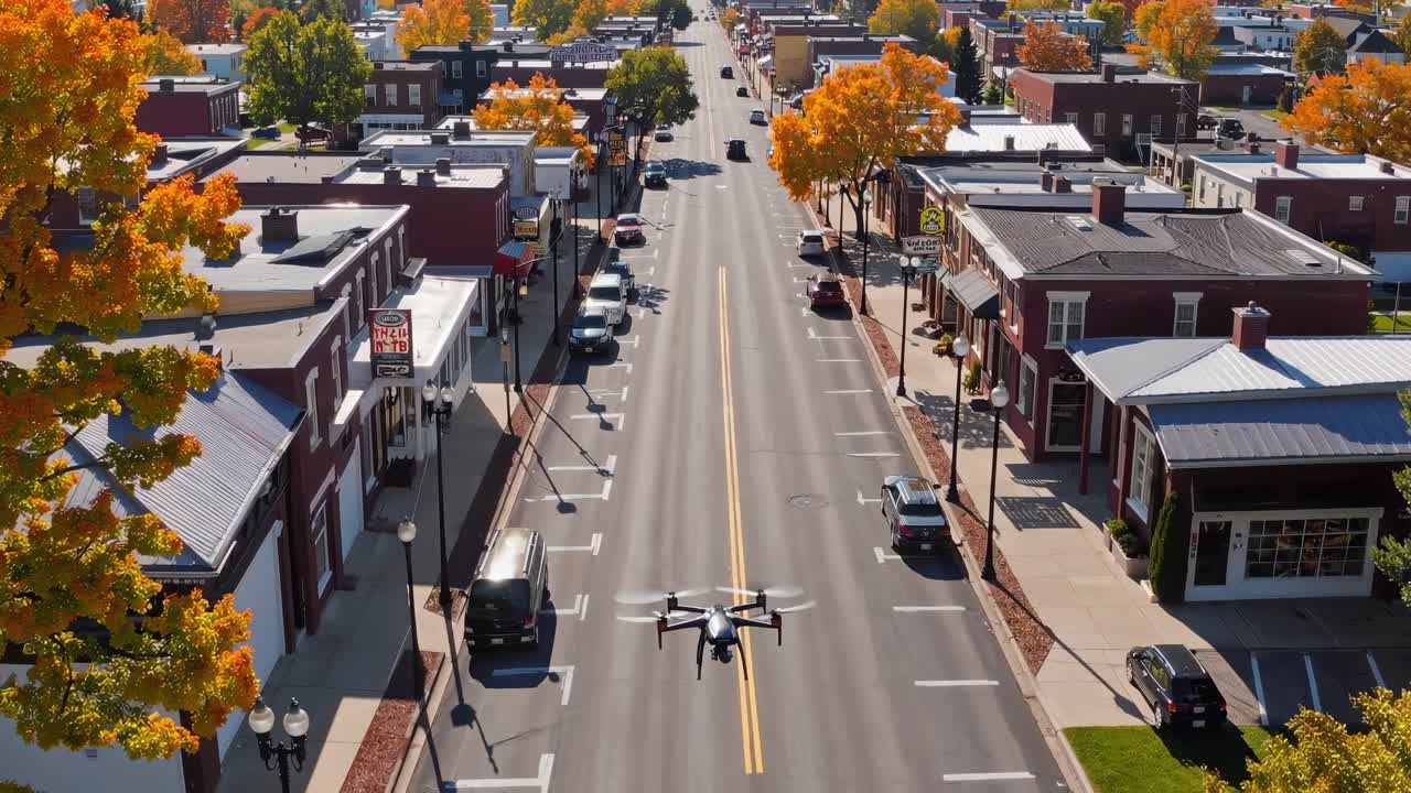 Aerial view of a drone flying over a vibrant autumn street, showcasing colorful trees and charming buildings, capturing the essence of urban exploration and technology in motion