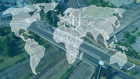 Highway overpass crossing railway tracks with cars  and  trucks traveling under world map overlay