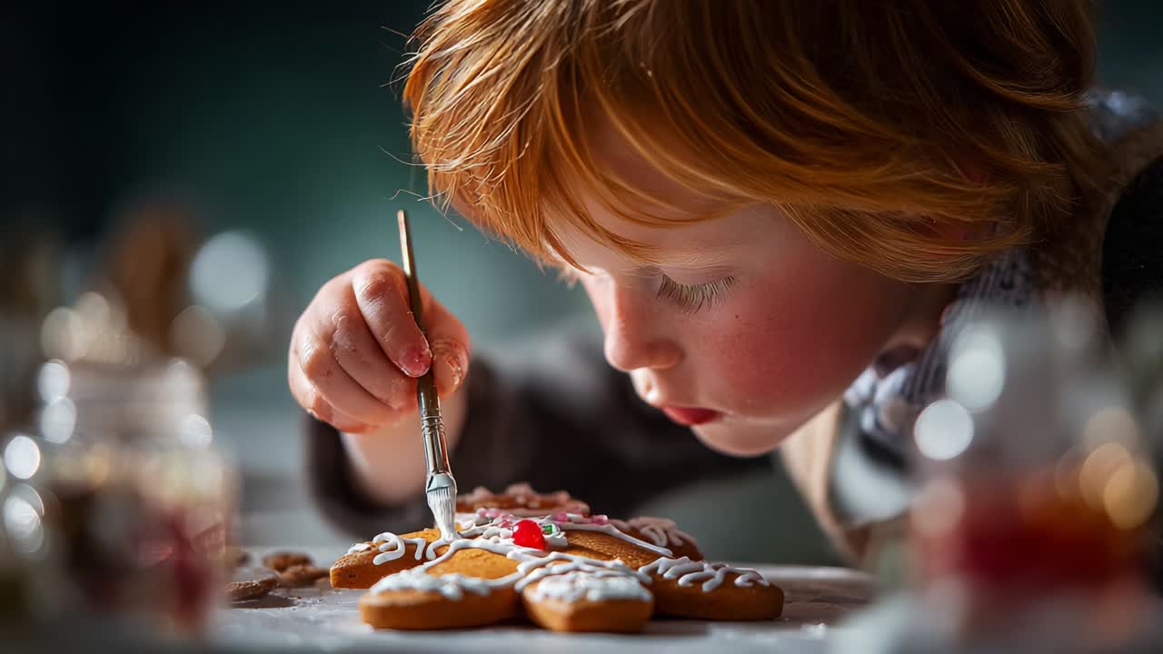 A Young Child's Delightful Journey in Creating Festive Gingerbread Cookies: A Close-Up Perspective of Focus and Creativity in Holiday Baking and Artistry with Icing and Decorations