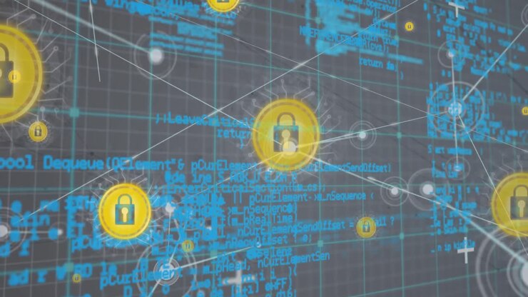 Animation of padlock icons over network of connections and data processing on grey background