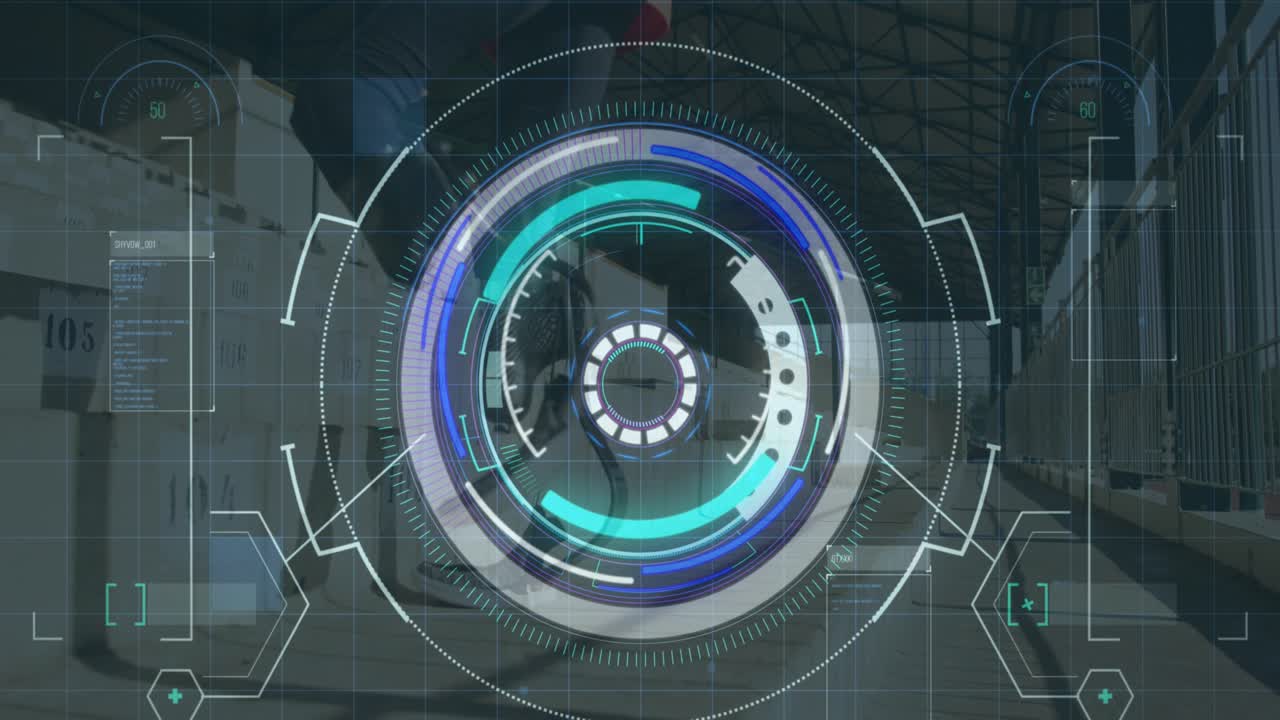 Animation of processing circle and digital screen over african american male with running blade