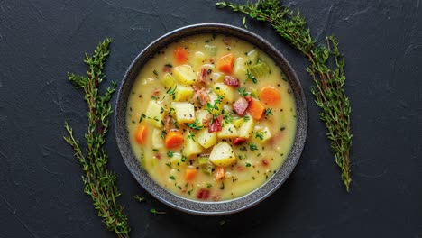 Delicious-Vegetable-Soup-With-Fresh-Herbs-On-Dark-Background