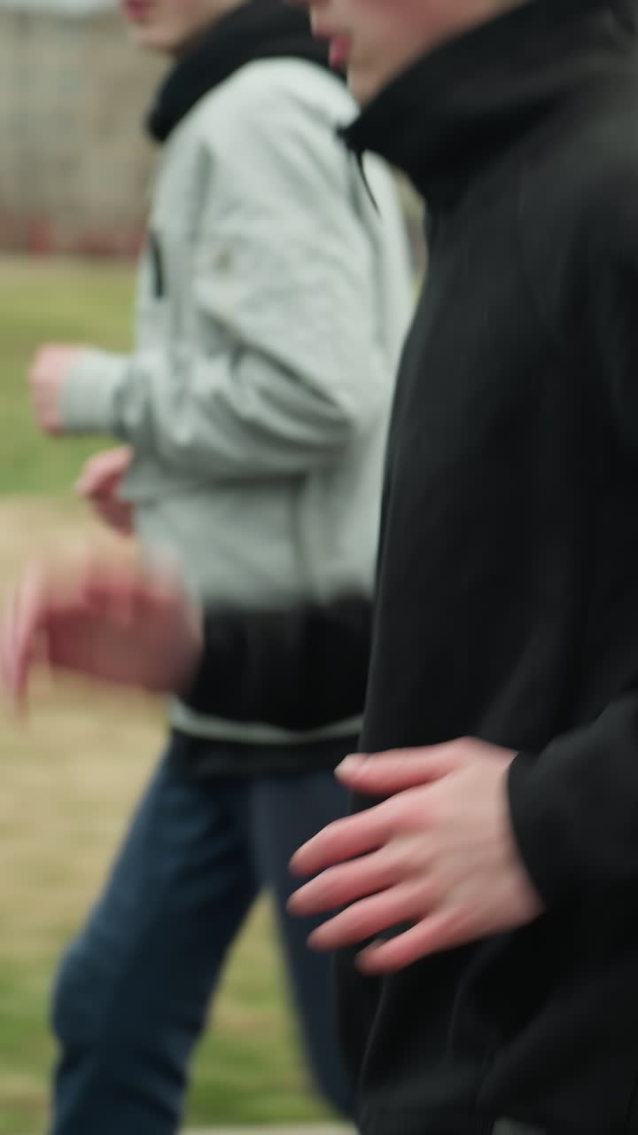 Close-up of three people jogging on a track near a grassy field, with a blurred background showing buildings and trees