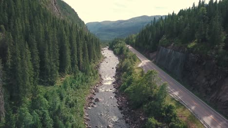 crane down, high angle drone shot over a river next to a road in a forest