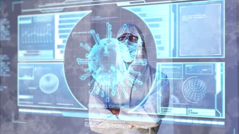 animación de células de virus e interfaz digital sobre un médico que lleva una máscara facial