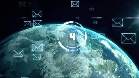 animation of safe lock rotating with number countdown and email icons over globe rotating, on black