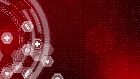 red abstract medical futuristic background with healthcare icons in hexagons. round hud element. looped motion graphics.