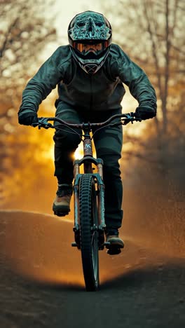 mountain biker performing stunts on a trail in golden autumn light