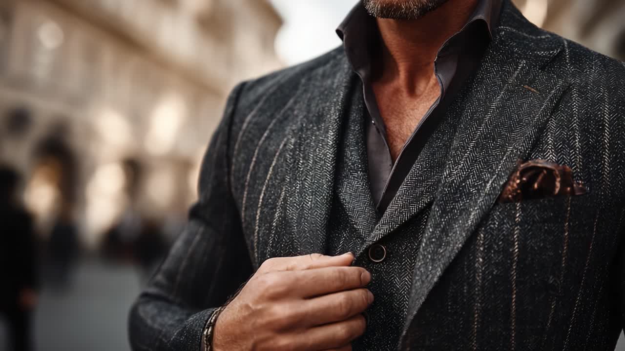 Elegant Men's Fashion: A Close-Up View of a Stylish Suit with Detailed Textures and Accessories in an Urban Setting