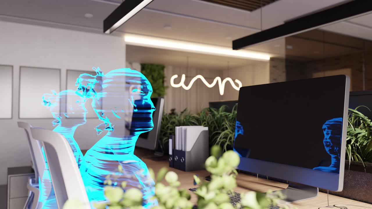 Modern workplace with human holograms sitting on chairs, AI concept. 3d render