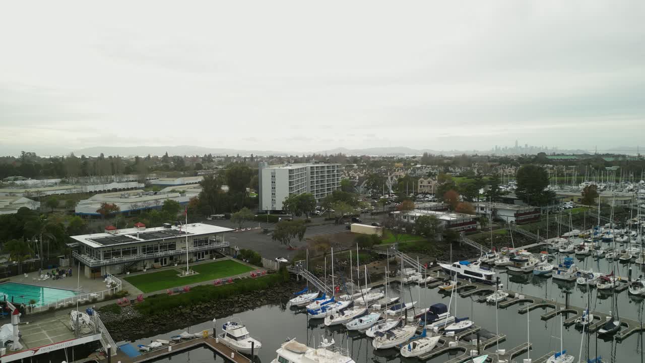 A view of Mariner Square, revealing the network of docks, boat slips, and Alameda’s waterfront beauty.