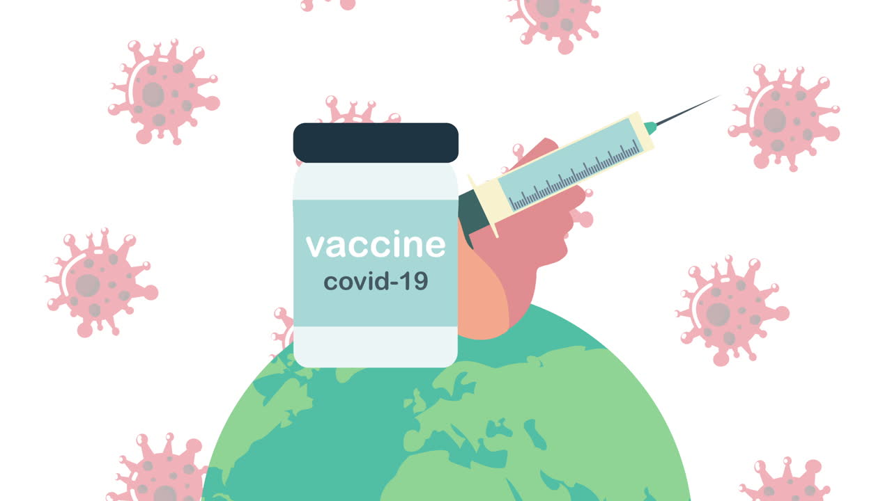 vial vaksin COVID-19 dan jarum suntik di planet bumi dengan partikel