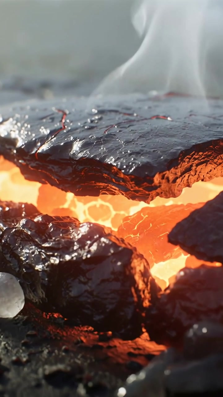 Video verticale: Fessura che si allarga, spingendo la crosta di lava spaccata sulla cenere a causa del calore, mostrando lava e vapore