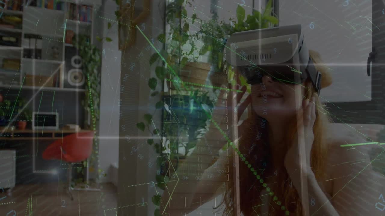 animación del procesamiento de datos sobre una mujer caucásica usando auriculares vr
