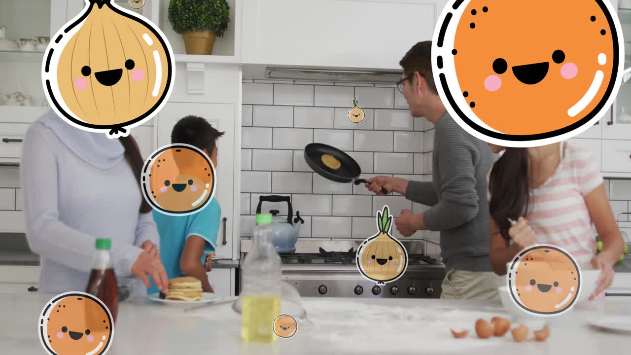 행복 한 아시아 가족 이 부 ⁇  에서 팬케이크 를 만들고 있는 양파 와 오렌지 의 애니메이션