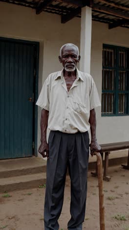 elderly man with a white short sleeved shirt and dark pants stands with a cane in front of a simple house with a porch, dirt yard, and a green door