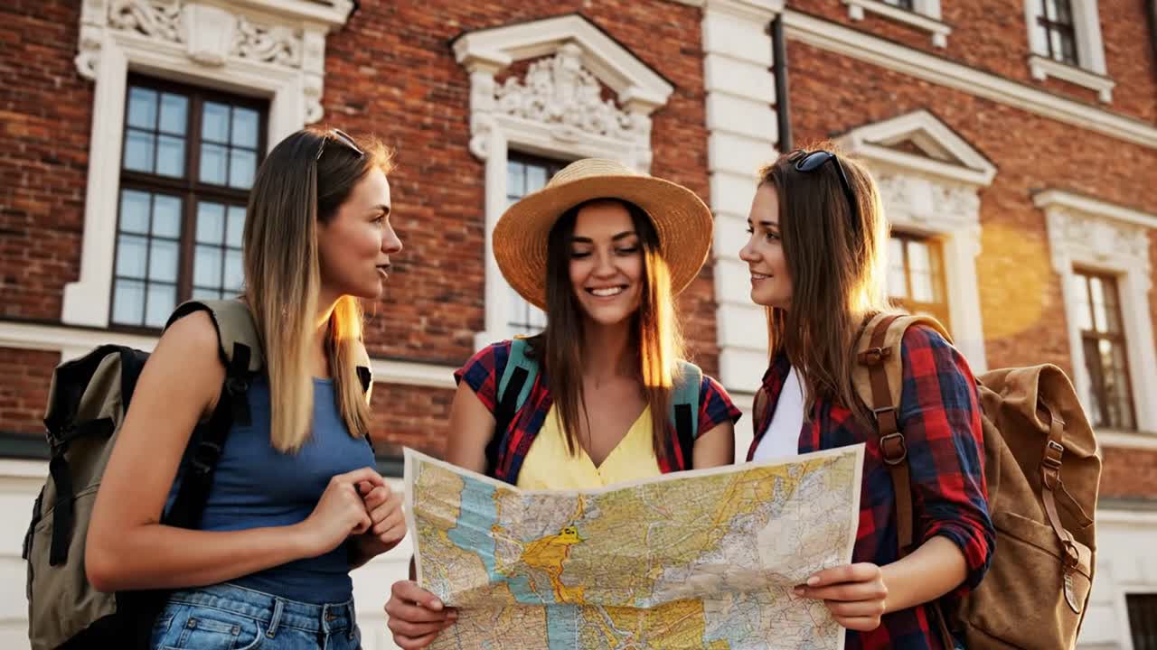 Tre viaggiatrici che studiano una mappa della città all'aperto