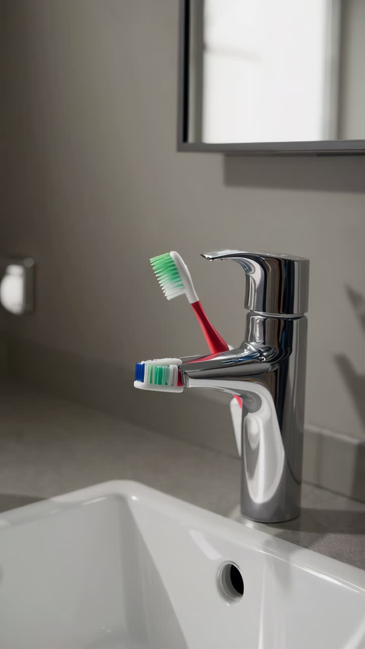 Toothbrushes on bathroom sink