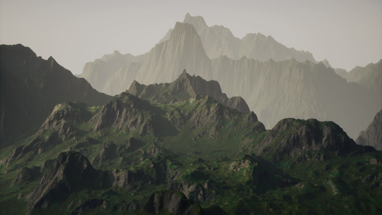 Mountainous landscape with layered peaks under soft light in the distance