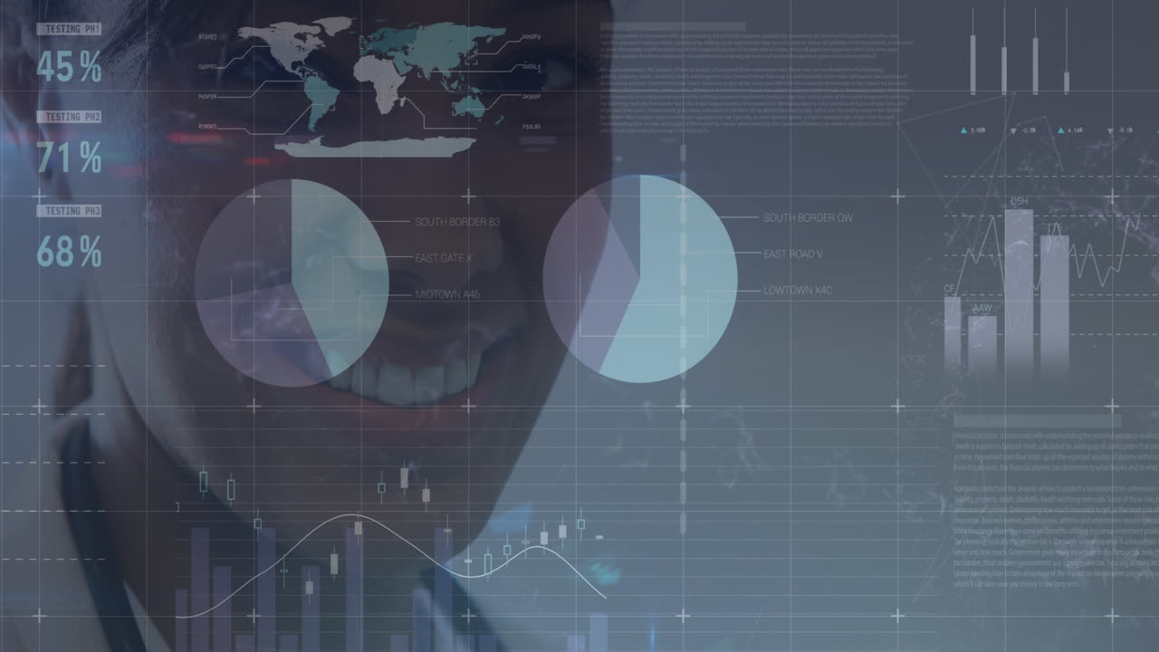 animación del procesamiento de datos estadísticos sobre una mujer médica afroamericana sonriendo en el hospital.